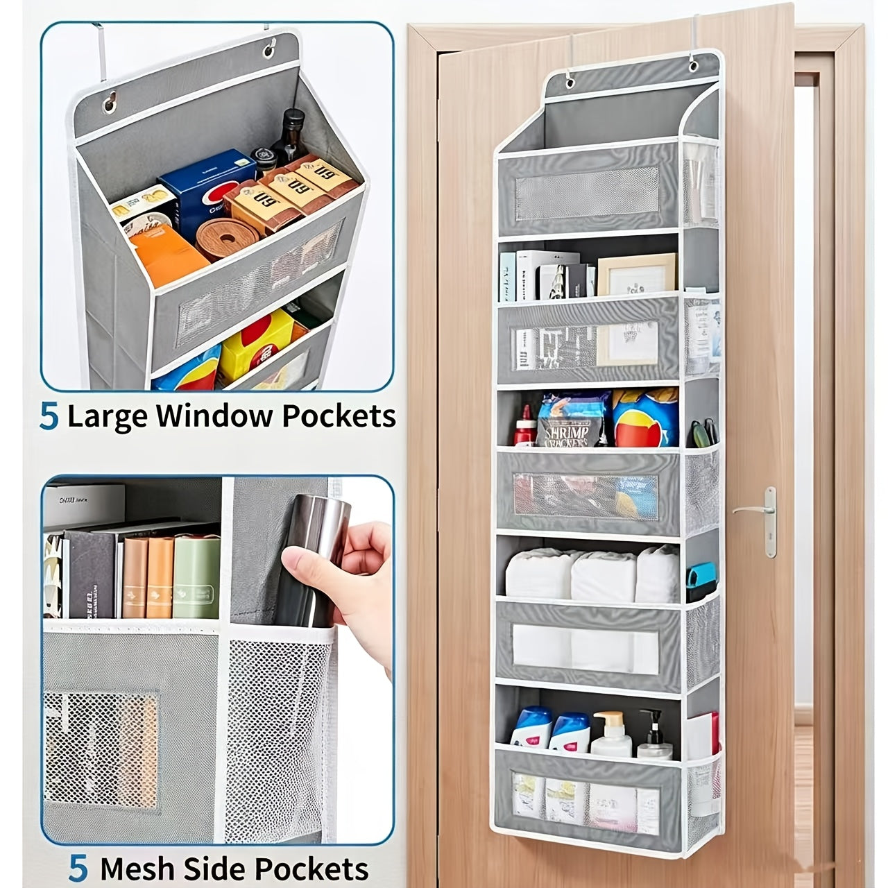 Over Door Storage Rack No Drill – Anti-Slip Door Hanger, 44 lb Capacity, 3 or 5 Tier Space-Saving Organizer for Wardrobe Bathroom Kitchen Dormitory Home (Black/Grey)