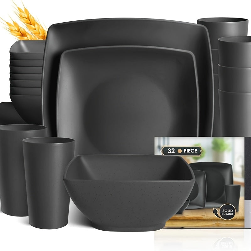 16/32pcs KITCHEN SET Made from Plastic Wheat Straw, Suitable for 4/8 People, Includes Plates, Dessert Plates, Cereal Bowls, And Cups. This Durable Outdoor Camping Tableware Is Perfect for FAMILY GATHERINGS And Birthday Celebrations