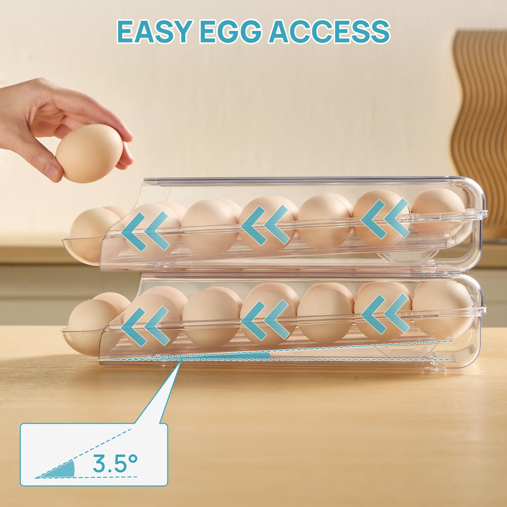 Lear Plastic Egg Holder for Fridge, Automatic Rolling Egg Container for Refrigerator, Stackable 14-Count Eggs Organizer with Removable Inner Tray, Fridge Organizers And Storage, 1/2Pack