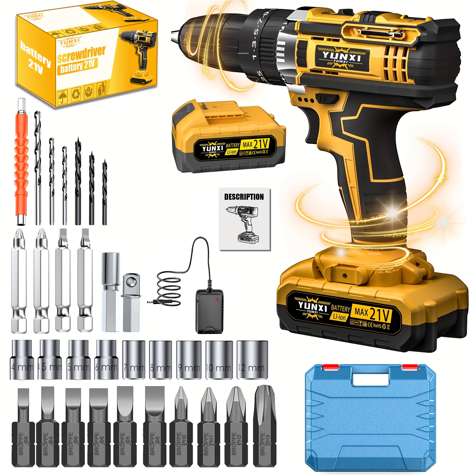21V Cordless Drill Electric Screwdriver – Lithium Impact Drill Kit with Multifunctional Pistol Grip, Rechargeable Power Tool for Home & DIY