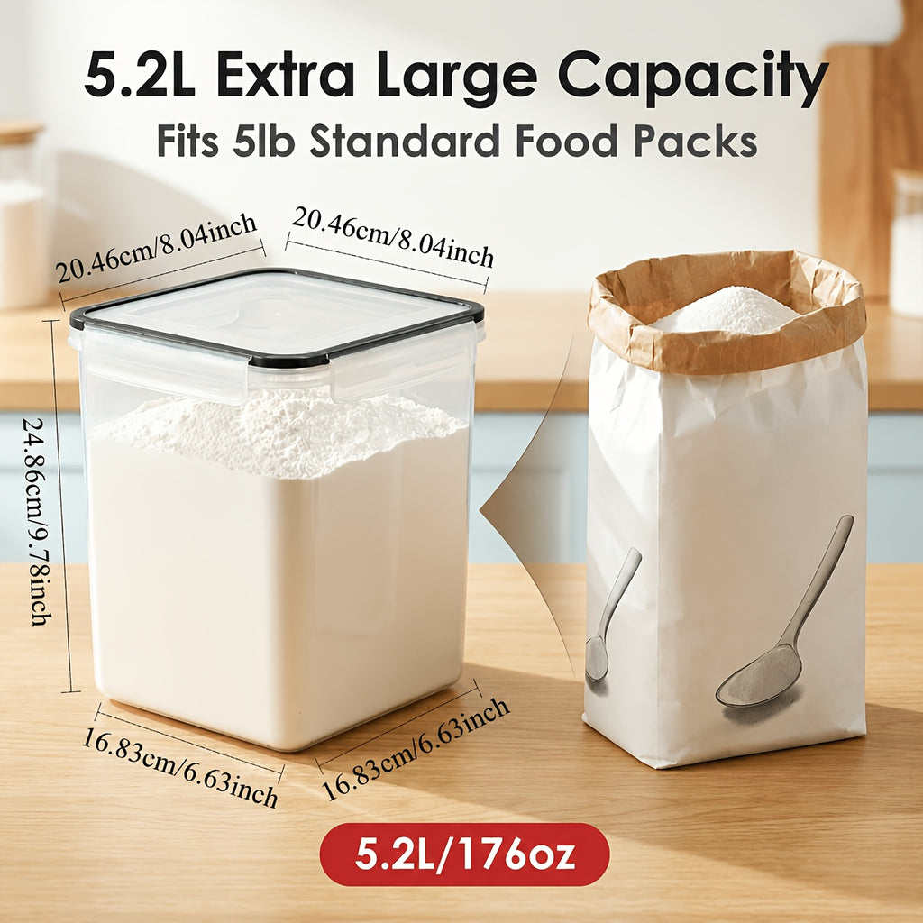 4pcs Large Food Storage Containers 5.2L/ 175oz, BPA Free Plastic Airtight Canisters for Flour, Sugar, Baking Supplies, Rice with Lids, 4 Measuring Cups and 24 Labels, Black