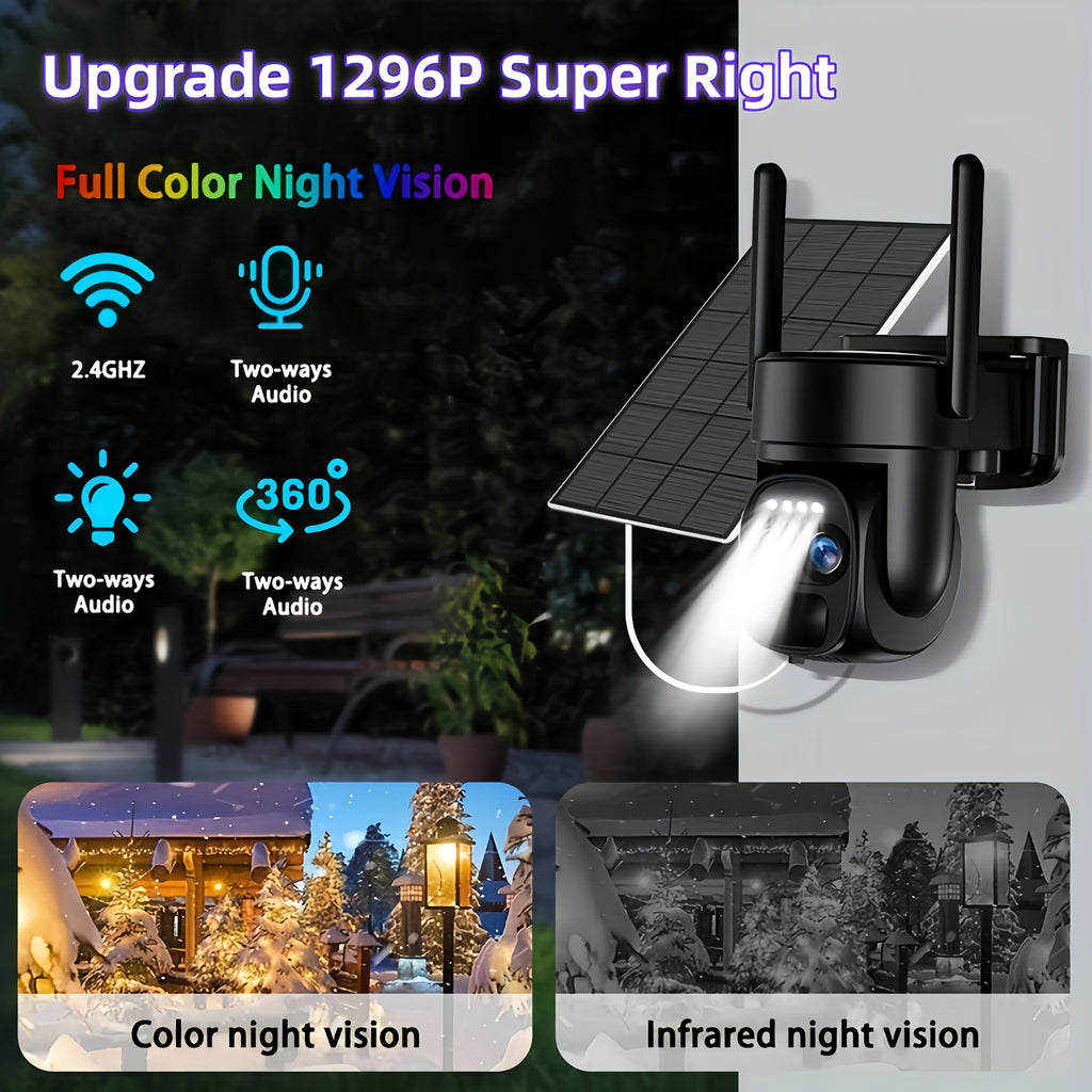 2pcs/1pc 1296P Solar Outdoor Security Camera, Dual Lens Dual Screen Security Camera, Upgrade To 5GHz Dual Lens WiFi Stable Connection, Bt Connectivity, Automatic Human Tracking PTZ - 355° Coverage &, Color Night Vision&Spotlight Alarm