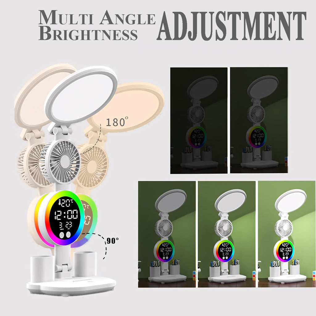 LED Desk Lamp for Study with LED Light, Built-in Fan, Time & Date Display, Temperature Display, Pen Holder Organizer, Touch Control, USB Powered (none rechargable) Multifunction Reading Lamp, Adjustable Brightness Eye-Care Table Lamp