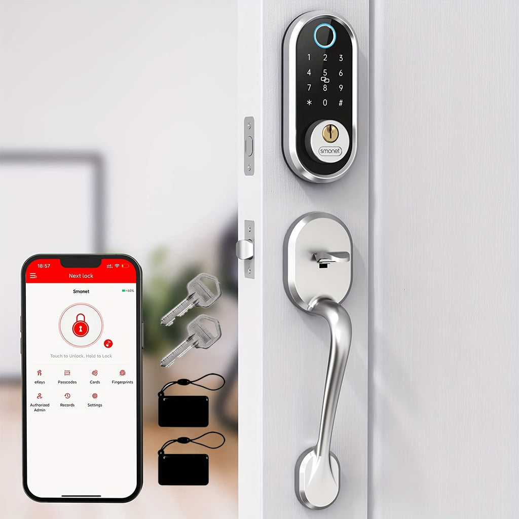 SMONET Smart Lock Front Door Lock Handle Set, Fingerprint Keyless Entry Digital Keypad Deadbolt Lock with Electronic Handle for Home Exterior Front Doors Auto Lock Wireless APP Control