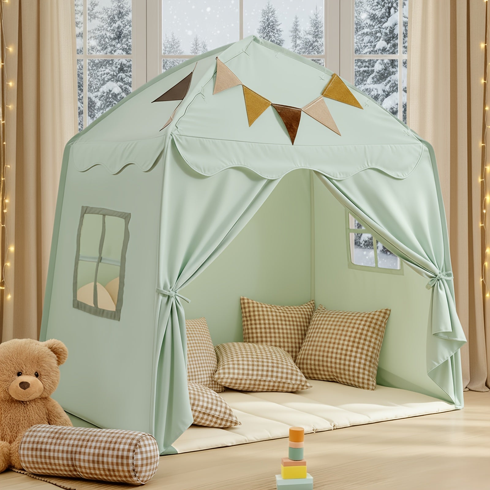Large Kids Tent With Mat, Star Lights, Tissue Garland, Play Tent Indoor & Outdoor, Kids Play Tent For Girl & Boy, Kids Tent For Toddler, 52" X35" X 52" Play House With Windows, Washable, Kids Tent, Kids Play Tent, Doll House, Doll Houses For Girls
