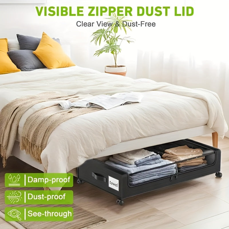 Set of 2 Rolling Storage Bins for Under The Bed, Featuring Transparent Lids, Ideal for Organizing Clothes, Shoes, And, in a Sleek Black Design, Under-Bed Storage