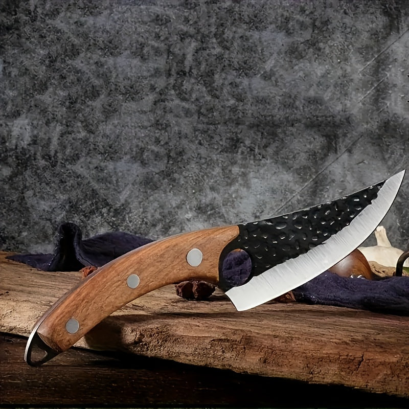 Hand-forged Chef's Knife with Hammered Pattern, Full-tang Curved Handle, Includes Leather Sheath And Gift Box; Ideal for Meat, Fish, Vegetables, Professional Outdoor Use, Stylish, Sturdy Riveted Handle