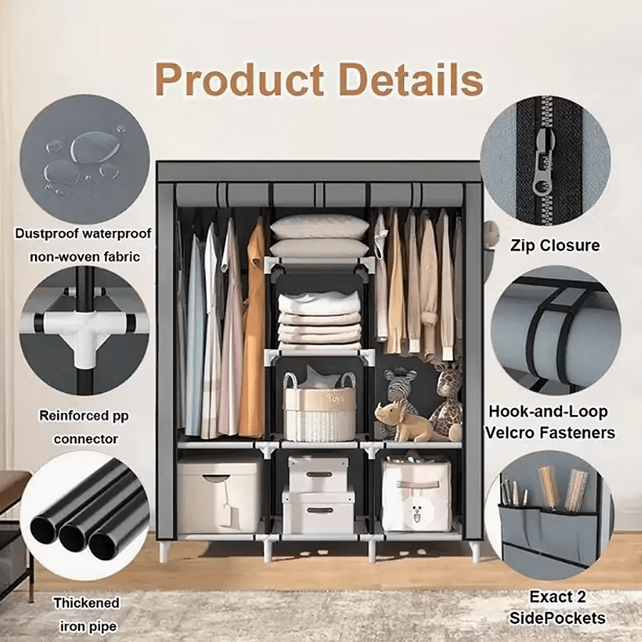 Freestanding Fabric Wardrobe Closet 170x128cm – Non-Woven Portable Clothes Organizer with 6 Shelves, 2 Hanging Sections & 4 Side Pockets, Dustproof Bedroom & Living Room Storage