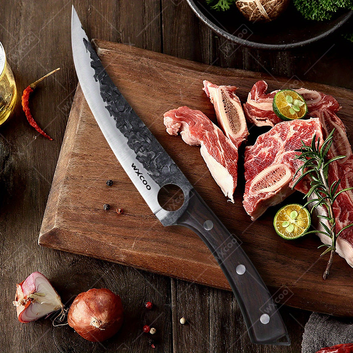 Forged Boning Knife 7.5" with Sheath – Handmade Japanese 5CR15 Steel Full Tang Chef Knife for BBQ Meat Fish & Vegetables | Hammered Finish Wood Handle | Kitchen Camping Outdoor | ShopVora CA