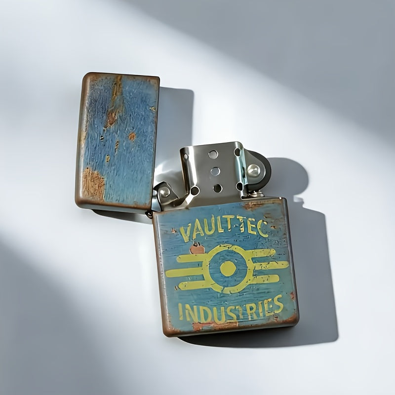 Retro Style Windproof Lighter Case - Durable Metal, Stone Tool Steel Wheels, Radiation-Themed "VAULT TECH INDUSTRIES" Design - Ideal Choice for Both Male And Female Enthusiasts And Collectors, Fuel-Free Operation
