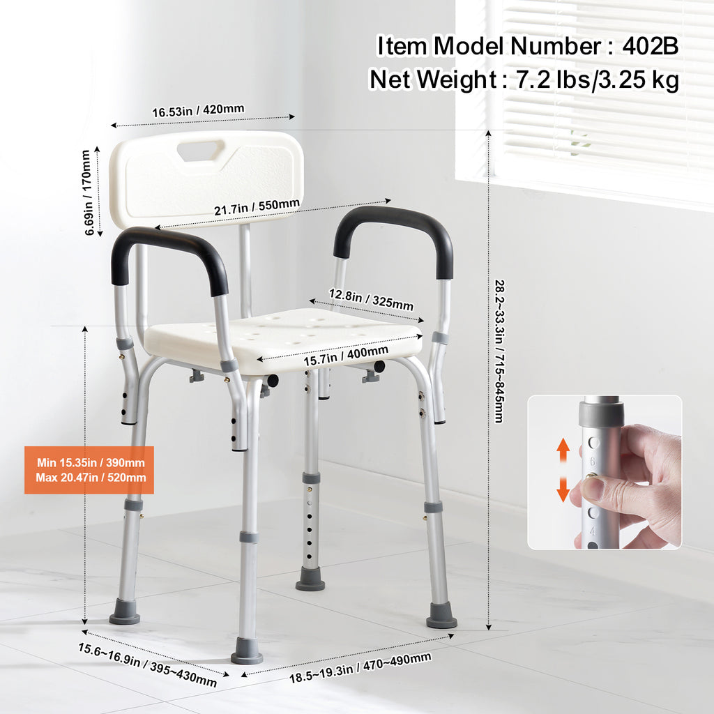VEVOR Shower Chair, Adjustable Height Shower Stool, Shower Seat for Inside Shower or Tub, Non-Slip Bench Bathtub Stool Seat for Elderly Disabled Handicap, 350 LBS/ 500 LBS Capacity, No handrails/With handrails