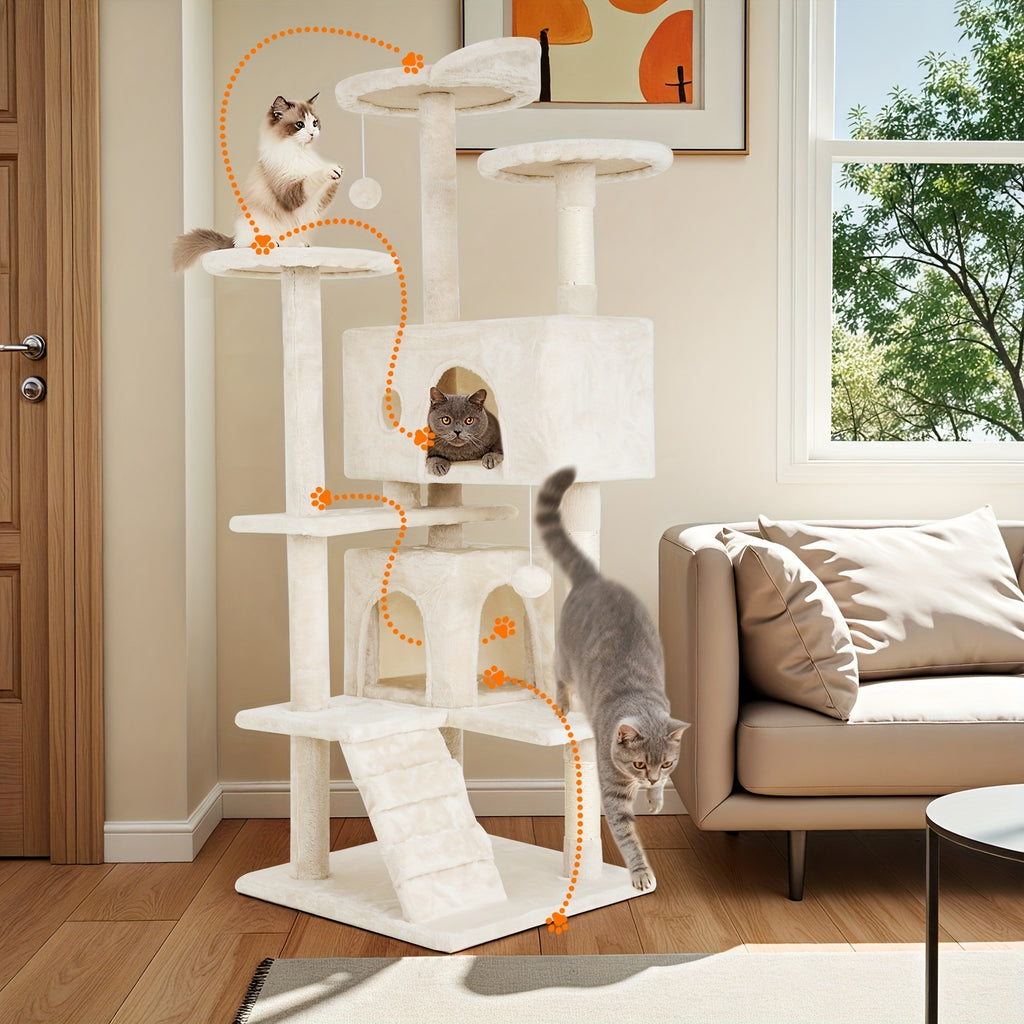 Cat Tree, 54-inch Indoor Cat Tree Tower Multi-Level Cat Furniture Activity Center with Scratching Posts House-Style Cat Condo Stand with Playful Toys