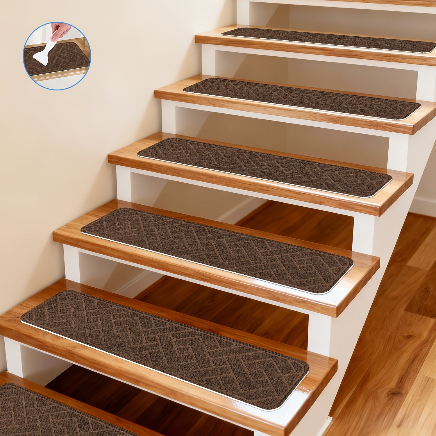 Anti-Slip Self-Adhesive Stair Treads – 3D Embossed, 30x8 Inch, 7/15-Piece Set, Indoor & Outdoor Stair Mats for Pets & Seniors, No-Tool Install, Scratch Resistant, Cut-to-Fit Design