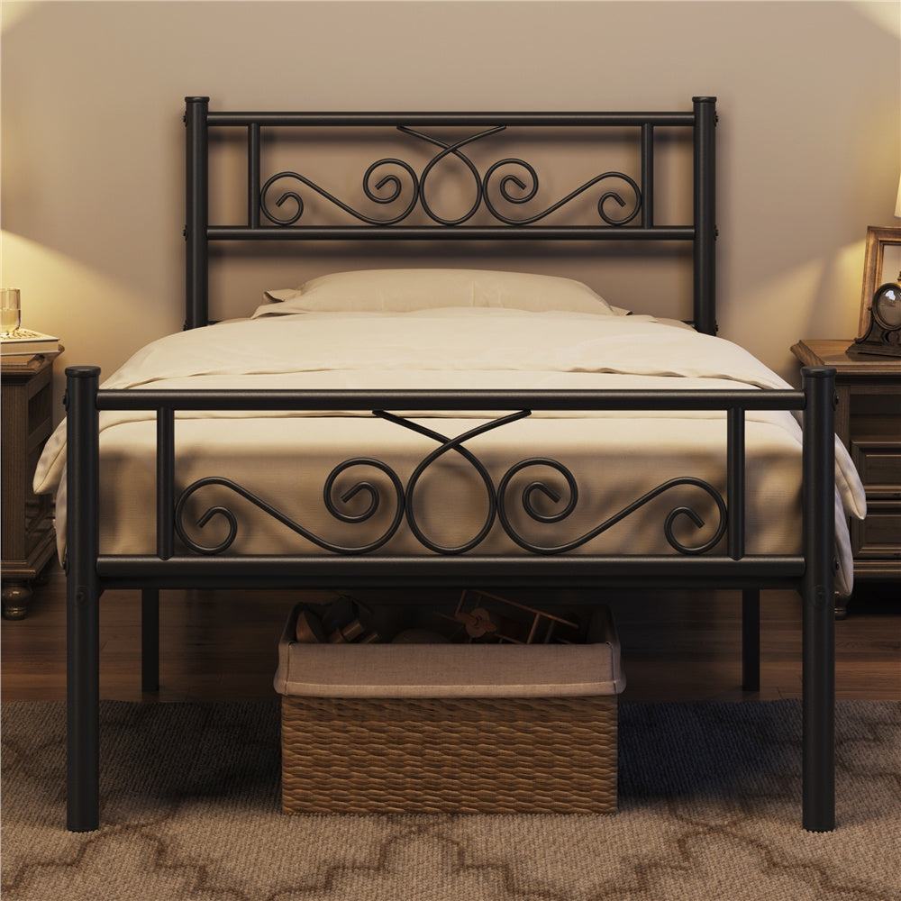 ALDEN DESIGN Bed Frame Metal Platform Bed, Space Saving Metal-Framed Bed, Iron Bed Foundation, Graceful Scroll Metal-Framed Bed, Platform Bed with Headboard and Footboard for Bedrooms, Guestrooms, Dormitories, Black/White/Silver, Twin/Full/Queen Size