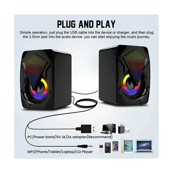 RGB LED Gaming Desktop Soundbar Speaker, USB Powered with Dynamic Lighting, Stereo Surround Sound, 3.5mm AUX Input – Compatible with PC, Laptop, Monitor, Xbox, PS5 & Gaming Setups