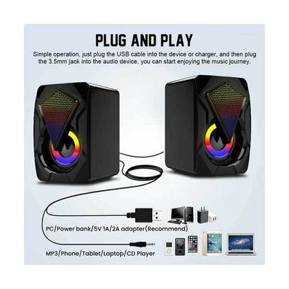 RGB LED Gaming Desktop Soundbar Speaker, USB Powered with Dynamic Lighting, Stereo Surround Sound, 3.5mm AUX Input – Compatible with PC, Laptop, Monitor, Xbox, PS5 & Gaming Setups