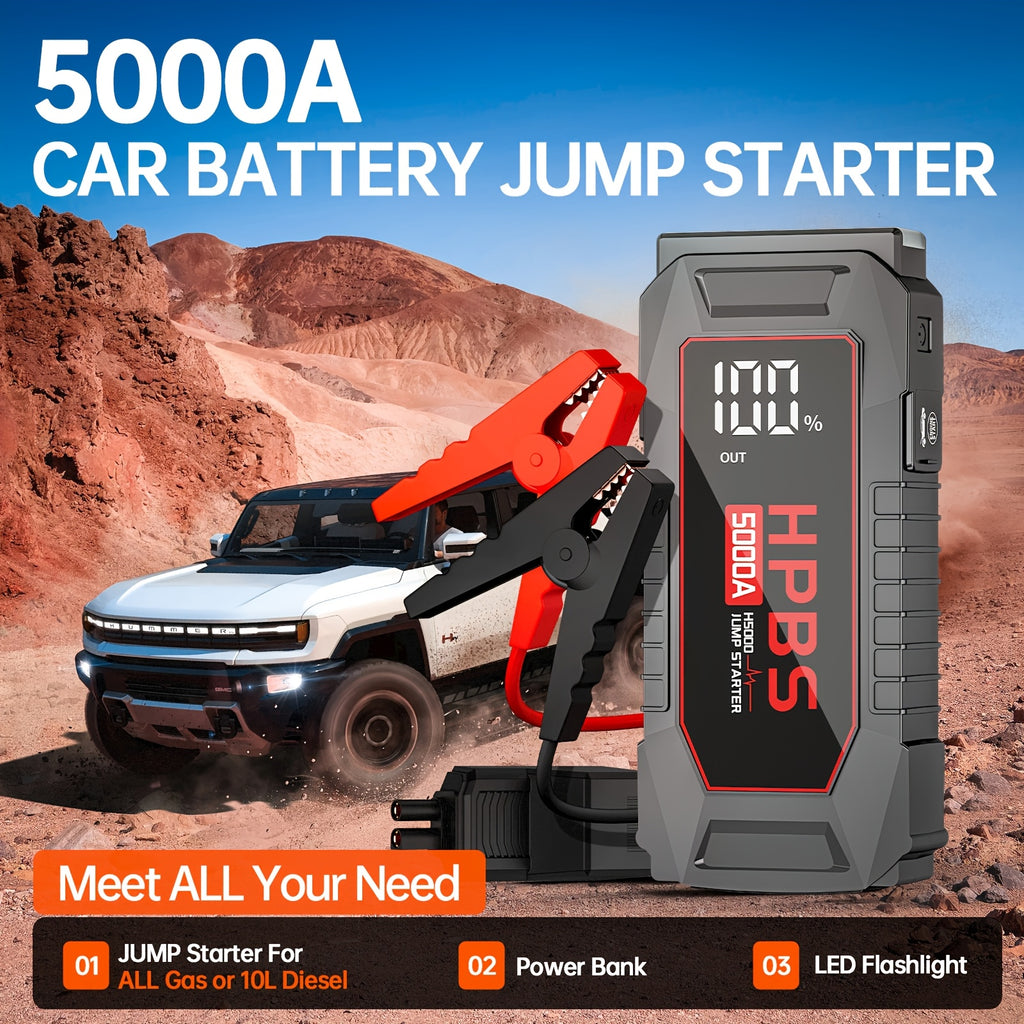 HPBS 5000A Jump Starter Battery Pack With 24000mAh Power Bank, 12V Battery Booster Charger For All Gas And 2.64gal Diesel Engines-Motorcycle, Car, SUV, PICK-UP, Truck, Quick Start Dead Battery, Multi-functional Flashlight For Outdoor Adventures