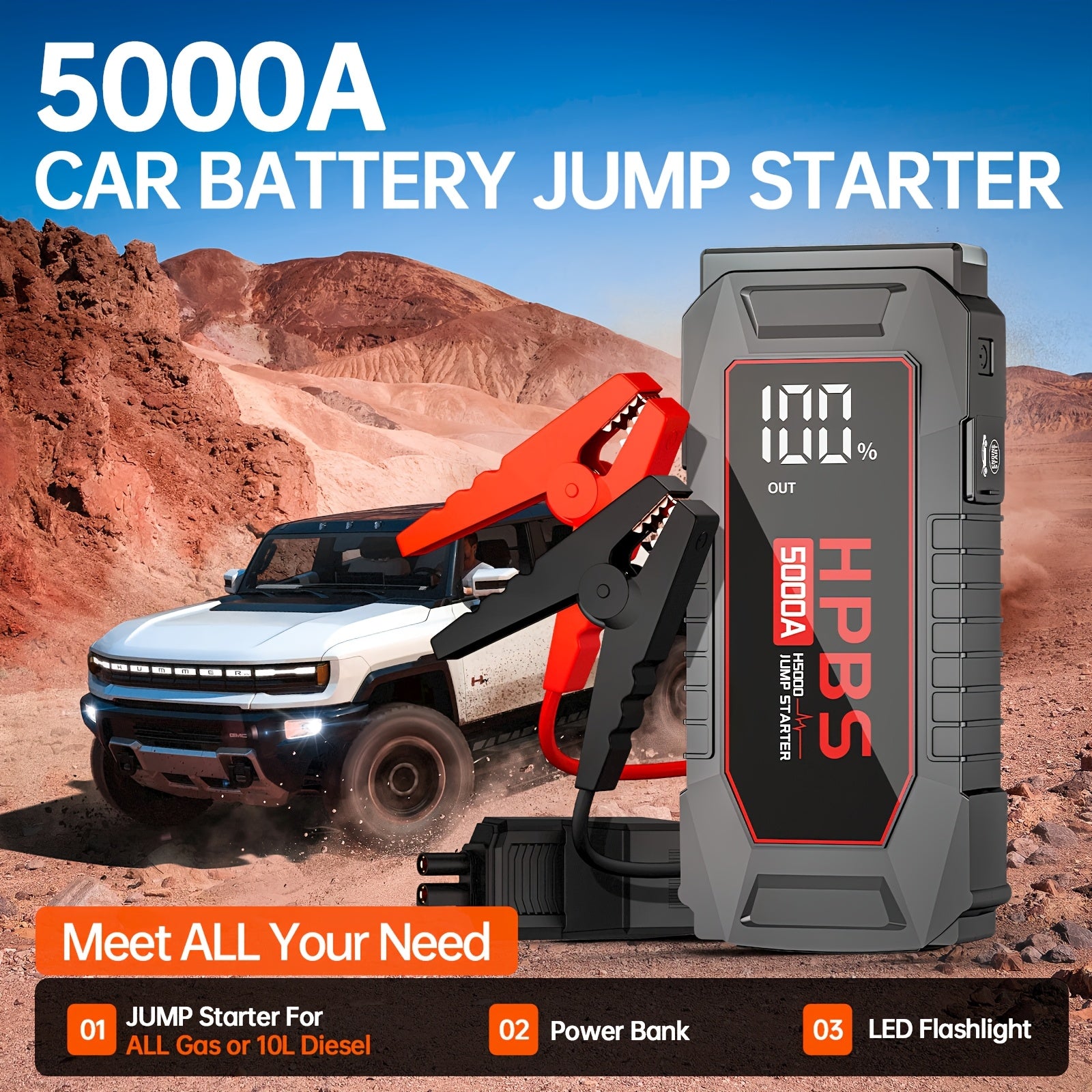HPBS 5000A Jump Starter Battery Pack With 24000mAh Power Bank, 12V Battery Booster Charger For All Gas And 2.64gal Diesel Engines-Motorcycle, Car, SUV, PICK-UP, Truck, Quick Start Dead Battery, Multi-functional Flashlight For Outdoor Adventures