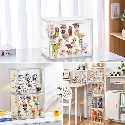 Transparent Acrylic Display Case with Magnetic Door & 2 Removable Dividers - Dustproof Stackable Showcase for Figures, Collectibles, Handbags & Cosmetics