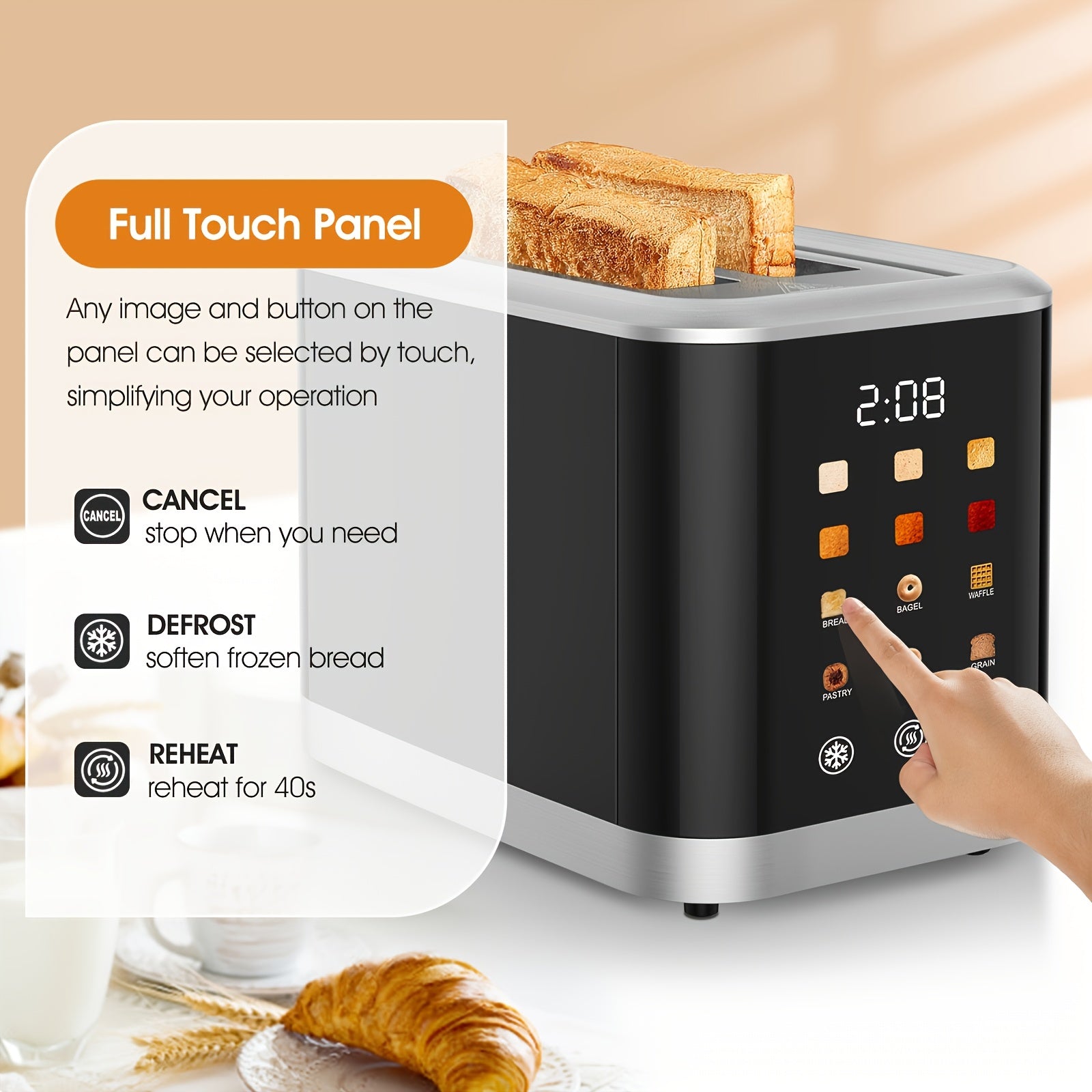 [Smart Touchscreen Toaster] 2-Slice Smart Touchscreen Toaster with LCD Display, 6 Toasting Levels & 6 Shade Settings, Stainless Steel Digital Timer, Bagel Cancel & Defrost Function, 750W-1000W Power, 110-130V US Plug - Black & Gray, Kitchen Appliance