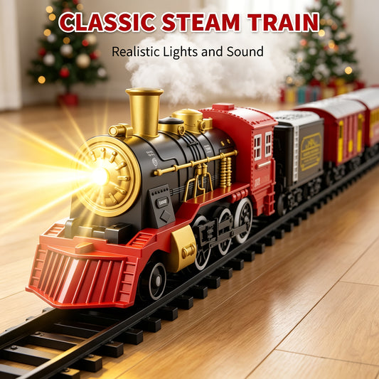 Electric Train Set for Kids Boys and Girls, Classic Christmas Train Toys, Steam Locomotive Engine, Lights & Sound, Tracks, Birthday Toy