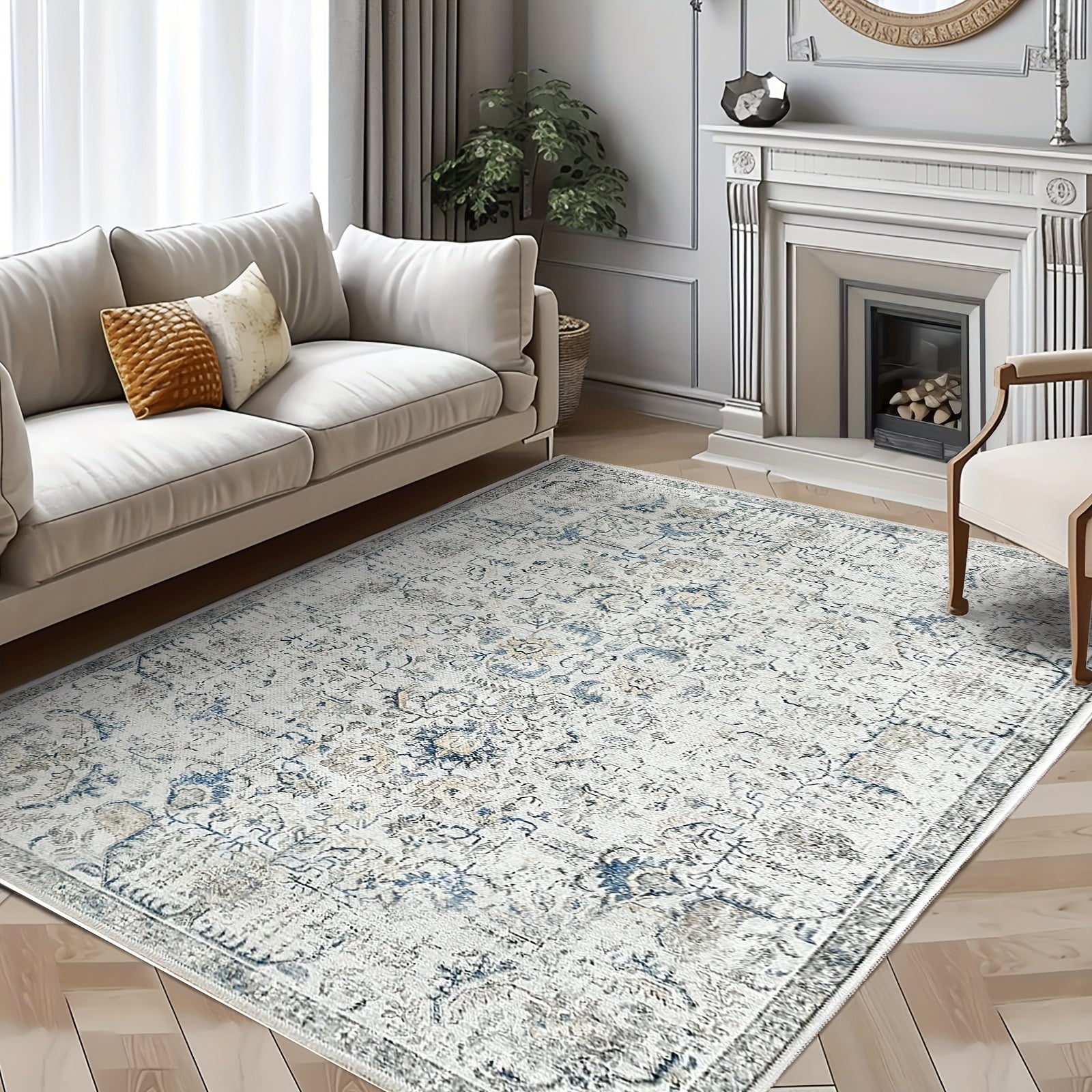 Vintage Boho Distressed Floral Area Rug – Machine Washable, Non-Slip Backing, Stain Resistant – Retro Oversized Accent Carpet for Living Room, Bedroom, Kitchen & Dining Room
