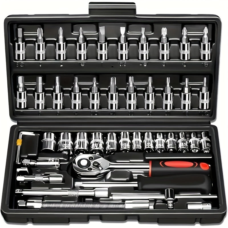A Mechanical Tool Set Including a Ratchet Handle, Extension Bar, Universal Joint, Slide Bar, SAE and Metric Sockets, Hex Keys, and a Basic Automotive Repair Manual Tool Kit with a Plastic Toolbox. Battery Not Included. Unpowered Manual Tool Set