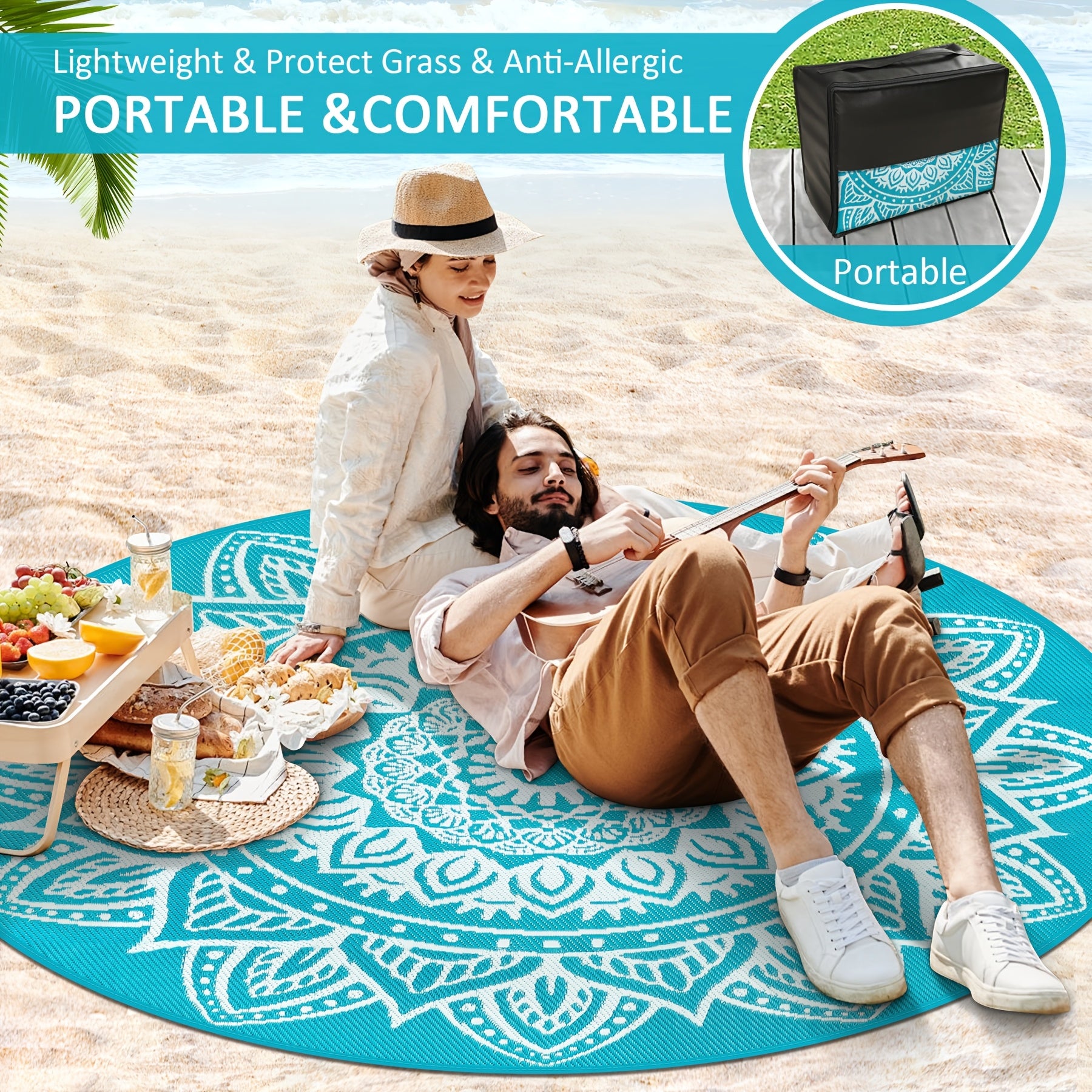 Round Boho Outdoor Rug Reversible Circle Patio Carpet – Lightweight Portable Outdoor Area Rug for Patio, Balcony, Camping & Backyard, Bohemian Style Weatherproof Floor Mat