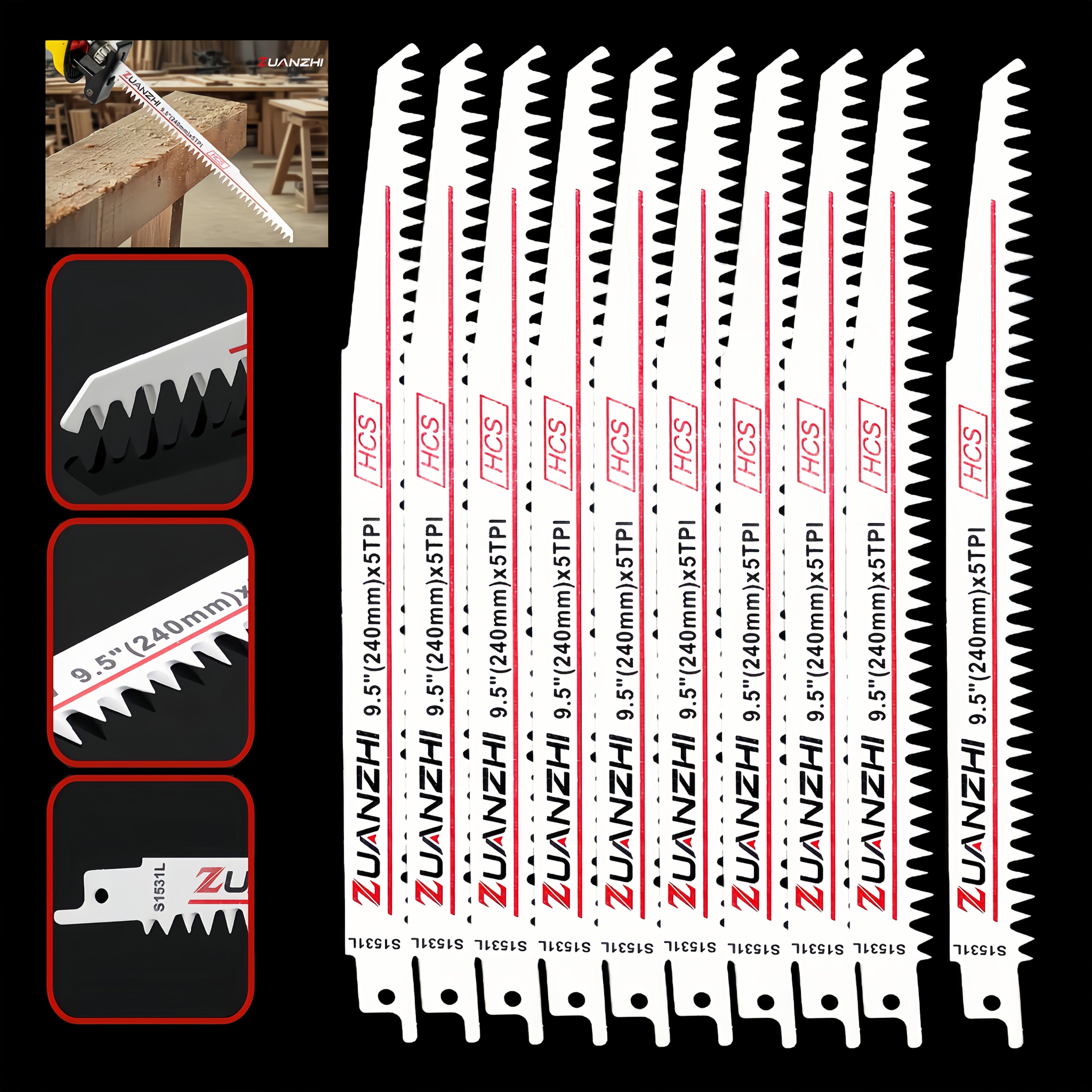S1531L 10pcs Set Reciprocating Saw Blades, Saber Saw Blades for Cutting Wood, Wooden Sticks, Garden and Landscape Branch Cutting and Pruning Tools, Wood Block and Branch Garden Pruning Saw Blades, Reciprocating Saw Blades