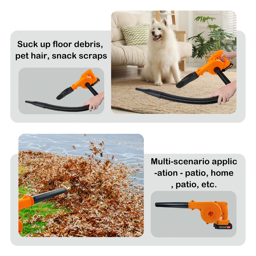 This 2-In-1 Leaf Blower Is a Handheld Blower with a High-Capacity Lithium Battery. It Can Switch Between Blowing And Suction, Is Lightweight And Portable, And Has a Long Battery Life. Suitable for Indoor, Patio, Car, And Outdoor Use