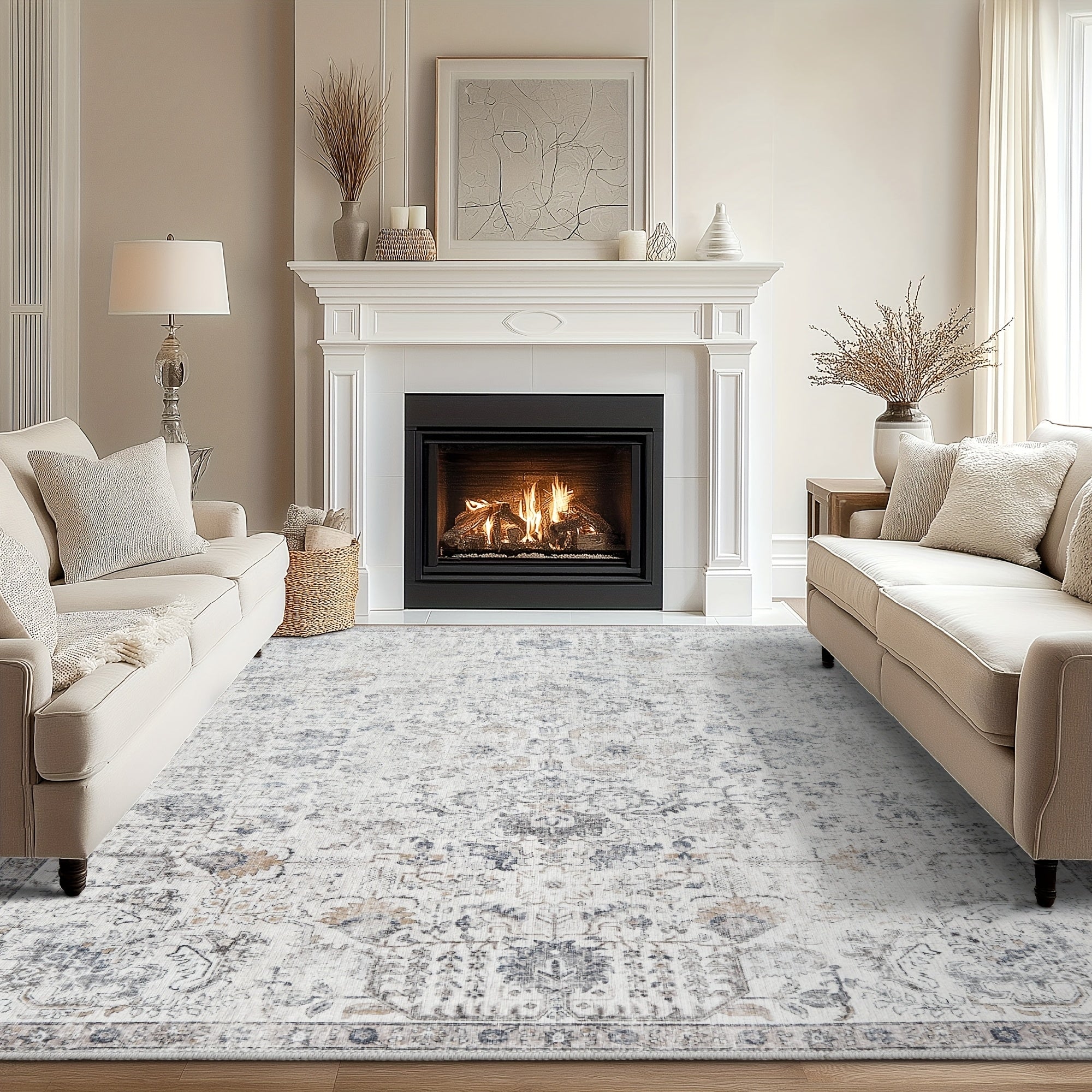 Vintage Boho Distressed Floral Area Rug – Machine Washable, Non-Slip Backing, Stain Resistant – Retro Oversized Accent Carpet for Living Room, Bedroom, Kitchen & Dining Room