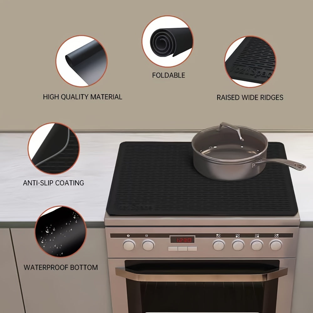 1pc Silicone Stove Top Cover Mat, Heat Resistant Glass Cooktop Protector, Flat RV Range Stovetop Cover, Extra Large Dish Drying Mat for Kitchen, 28"X20" - BLACK