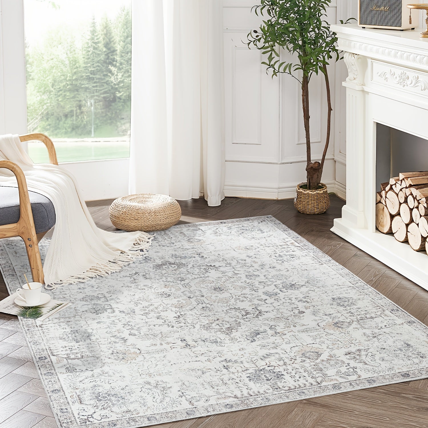 Vintage Boho Distressed Floral Area Rug – Machine Washable, Non-Slip Backing, Stain Resistant – Retro Oversized Accent Carpet for Living Room, Bedroom, Kitchen & Dining Room