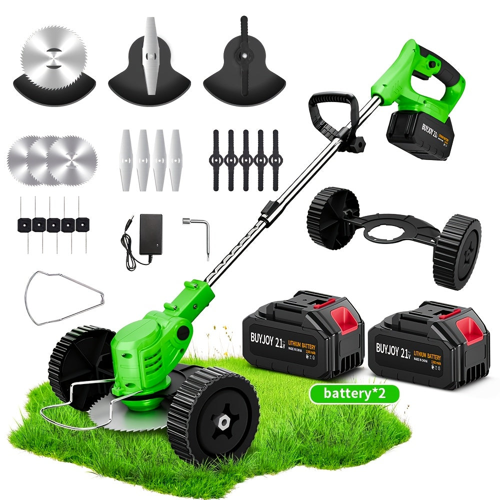 3-in-1 Cordless String Trimmer Lawn Mower & Brush Cutter with Dual Battery, Multiple Blade Types & Wheeled Design – Lightweight Electric Weed Eater for Lawn, Garden & Yard Trimming, Great Father's Day Gift