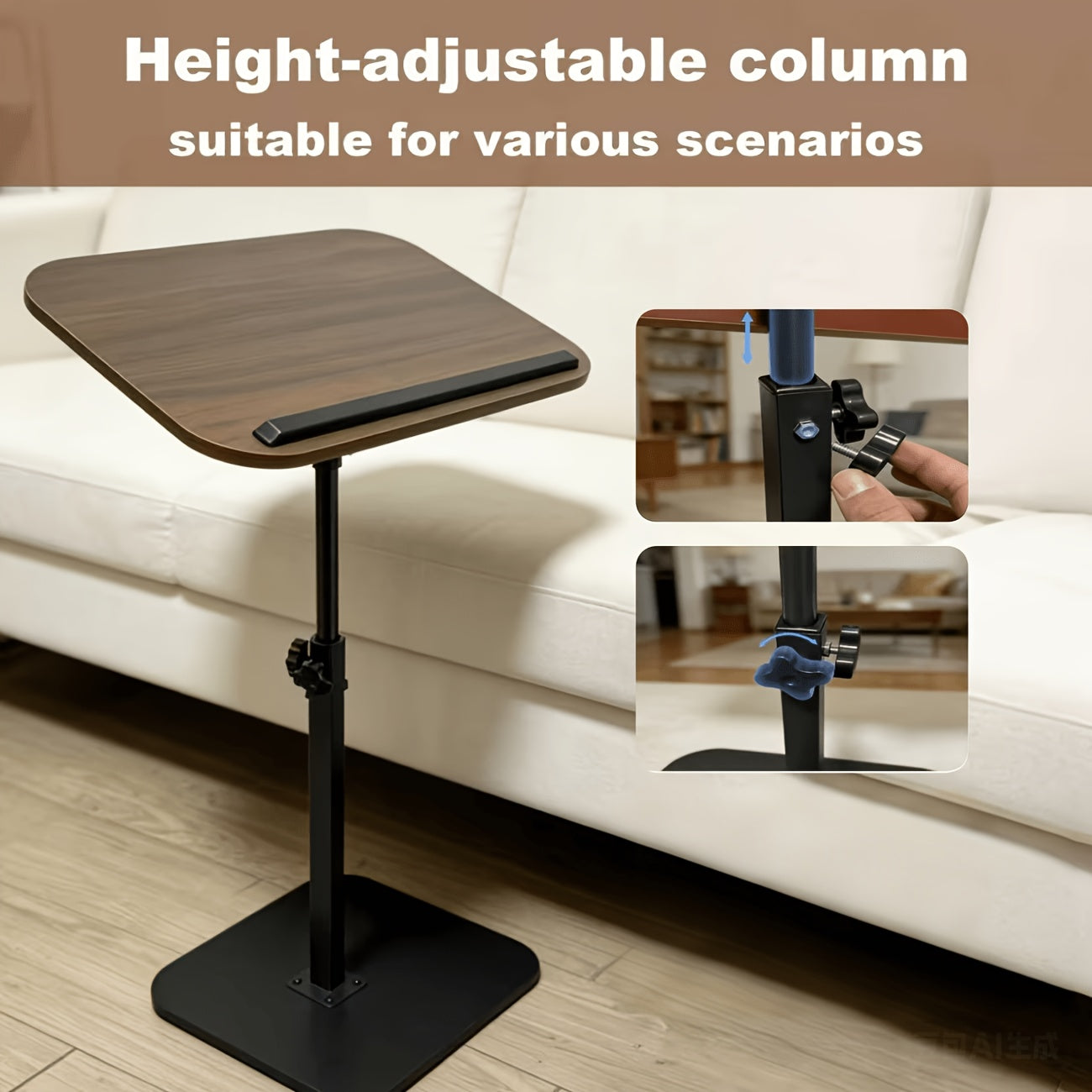 1pc Adjustable Height Computer Workstation Side Table - Fashionable Metal Frame with Wooden Top, Suitable for Living Room, Bedside, Corner Coffee Table, Multi-Functional Tray, Mobile C-Shaped Home Office Desk - Lift Table for Reception Room, RV