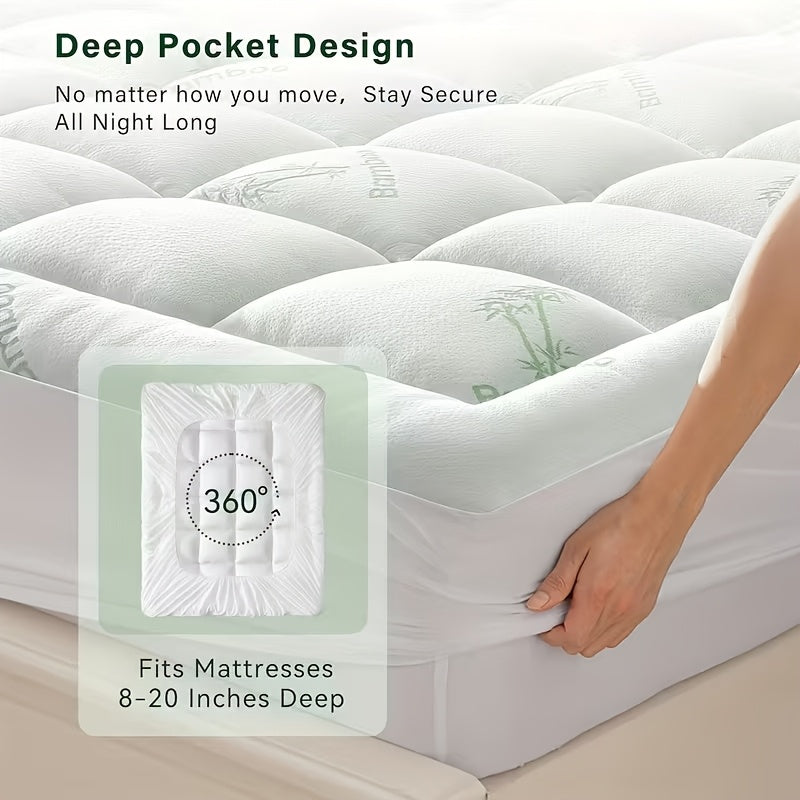 Soft And Cooling Bamboo Mattress Topper - Extra Thick 1500 GSM Breathable Bed Pad with Moisture-Proof Bottom, 8-20" Deep Pocket Pillow Top Cover Fit for RV, Camping, Mattresses - Soft Quilted Cover, Heavy-Duty Layer, King/ Cal King