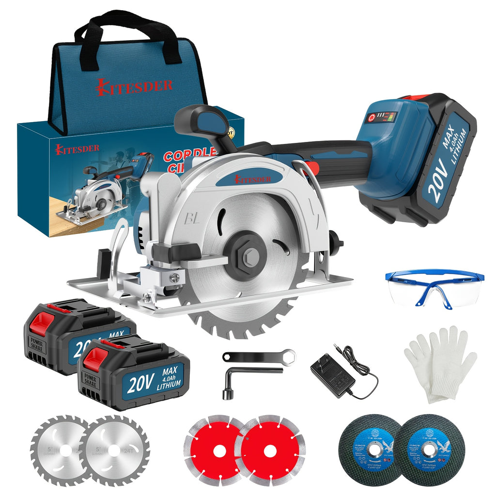 20V Circular Saw Cordless 4-1/2" with 6900RPM, 6 Saw Blades, Metal Auxiliary Handle, Circular Saw Kit with 2*2.0Ah Battery And Charger. Ideal for Wood, Soft Metal, Plastic, Drywwall, Tile