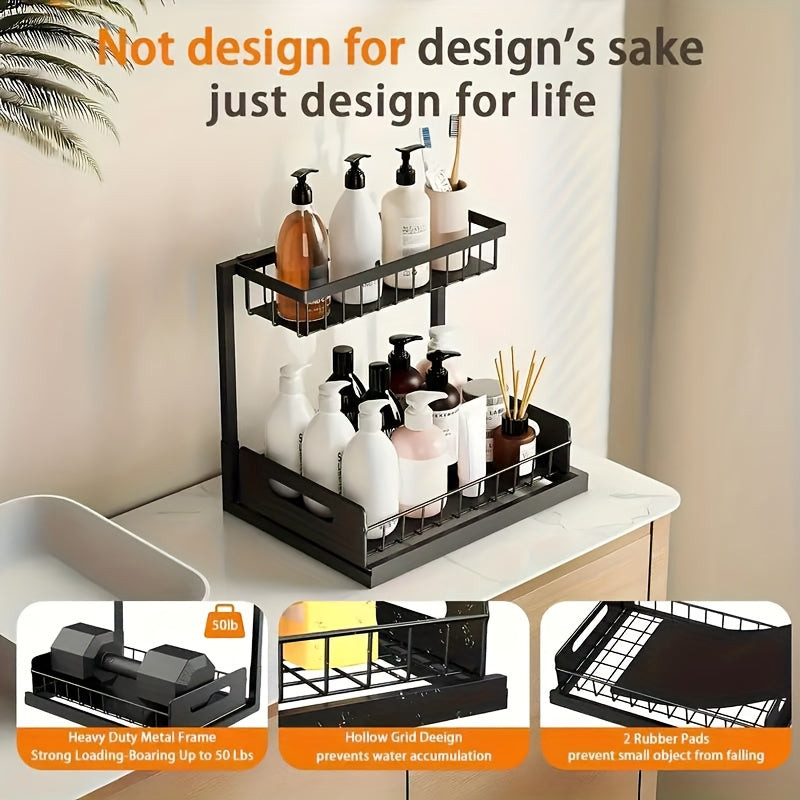 2-Tier Under Sink Pull-Out Organizer Set of 2 with Mesh Sliding Drawers & Padded Shelves, Metal Slide-Out Cabinet Storage for Kitchen & Bathroom, Fits Framed Cabinets