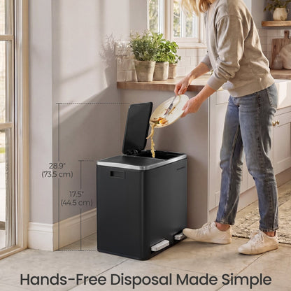 Dual Compartment Stainless Steel Recycling Trash Can – 2 x 4 Gallon (2 x 15L) Kitchen Recycle Bin with Soft-Close Lids, Foot Pedals & Removable Inner Buckets – Fingerprint-Resistant Silver