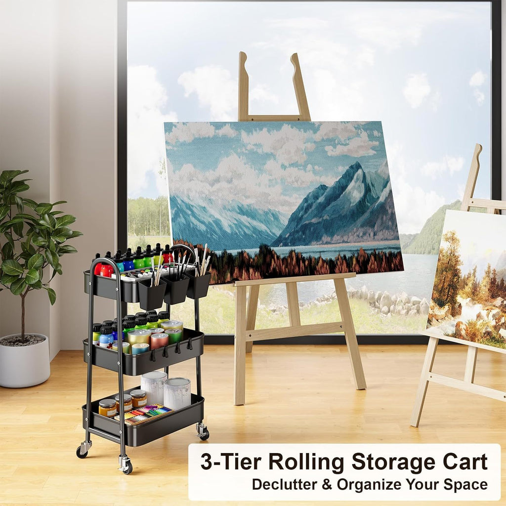 Three-Tier Metal Caster Cart with Lockable Wheels Three-Tier Rolling Book & Snack Cart Multi-Purpose Storage Cart for Kitchen, Bathroom, Garage, Baby Diapers, Crafts, Art Supplies, and Teachers