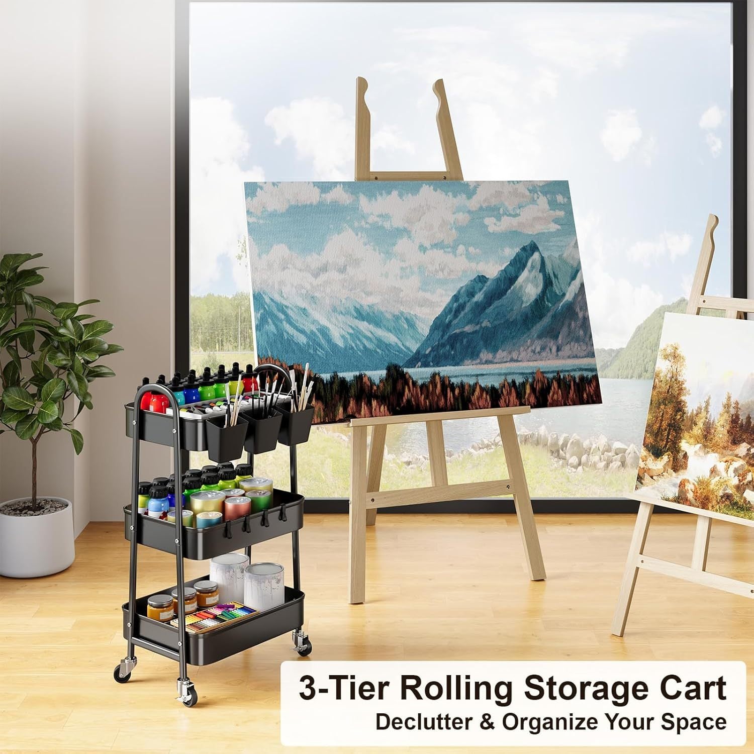 Three-Tier Metal Caster Cart with Lockable Wheels Three-Tier Rolling Book & Snack Cart Multi-Purpose Storage Cart for Kitchen, Bathroom, Garage, Baby Diapers, Crafts, Art Supplies, and Teachers