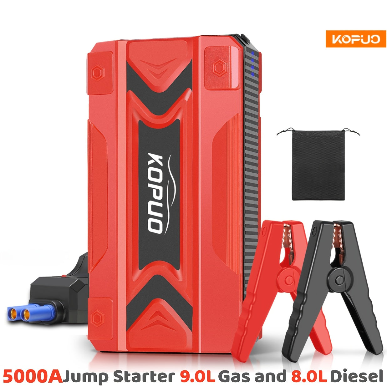 Compact Car Jump Starter 5000A/6000A with Safety Jumper Cables, Fast Charge, USB Power Bank & LED Flashlight – 12V Camping & Emergency Booster