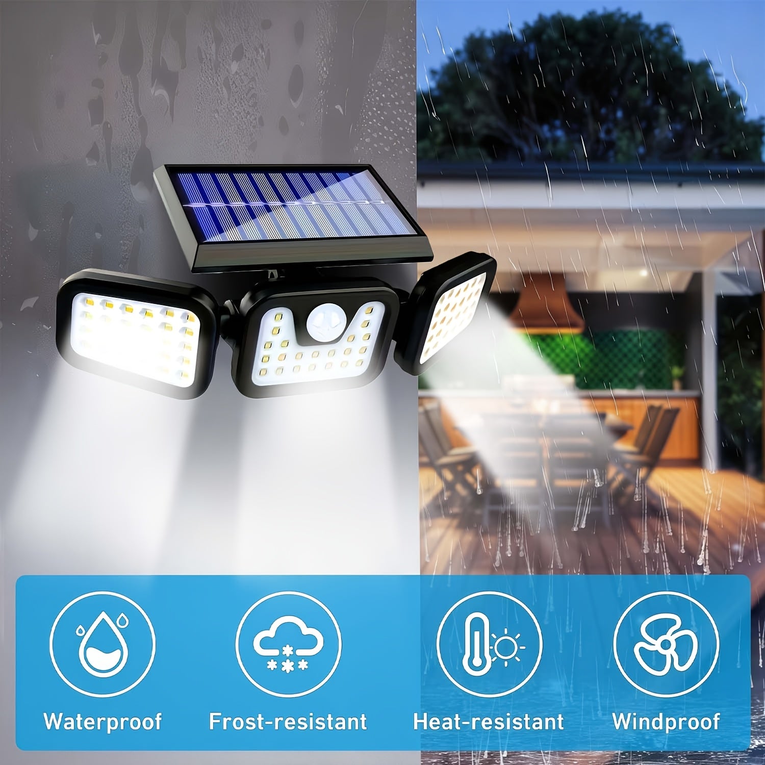 (1/2 Pack) Solar Outdoor Three-Head Sensor Wall Light, Solar Fence Light, [74 Leds/3 Modes] 270° Wide-Angle Lighting, IP65 Outdoor Light, Suitable for Garden, Courtyard, Street, Garage, Terrace And Porch Lighting