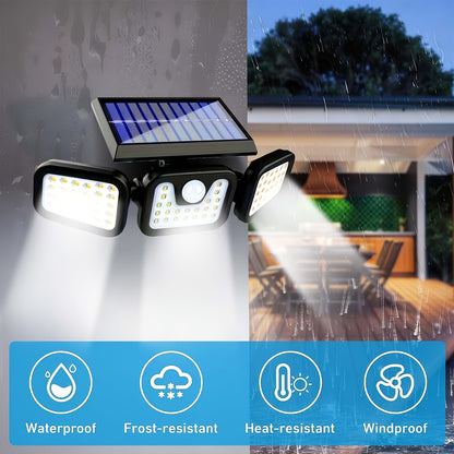 Solar Outdoor Triple-Head Motion Sensor Wall Light – 74 LED 270° Wide-Angle IP65 Waterproof Solar Fence Light for Garden, Courtyard, Garage, Porch & Street, 3 Modes