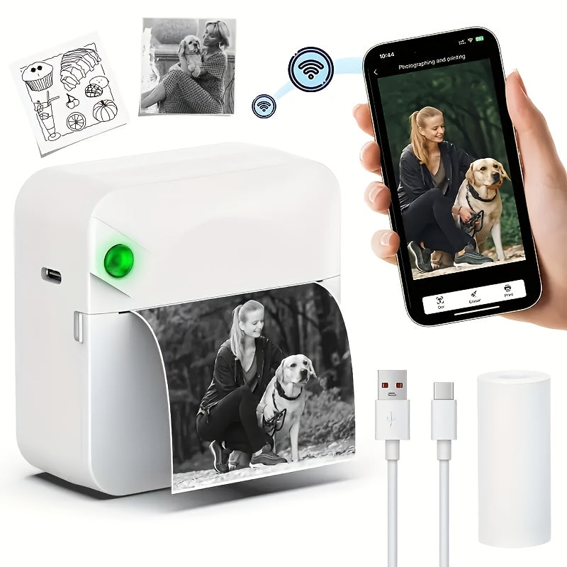 Inkless Sticker Printer Mini Thermal Printer with Roll Of Thermal Paper, Pocket Printer, Smart Portable Receipt Printer for Photos, Diaries, Notes And Preparation