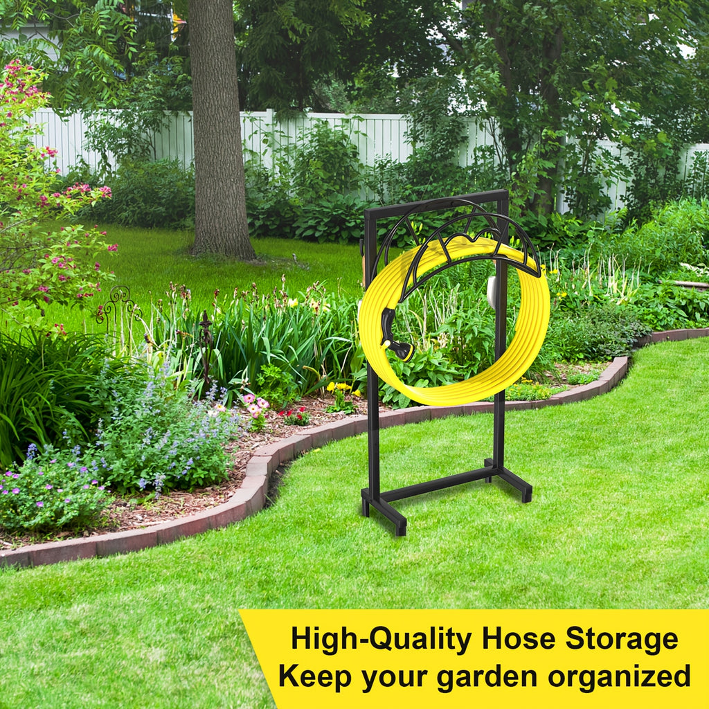 1pc Garden Hose Holder, Freestanding Heavy Duty Water Hose Holder for Outside, Upgraded Metal Hose Stand with 4 Spikes, Detachable Garden Hose Storage Hose Reel Rack, Black