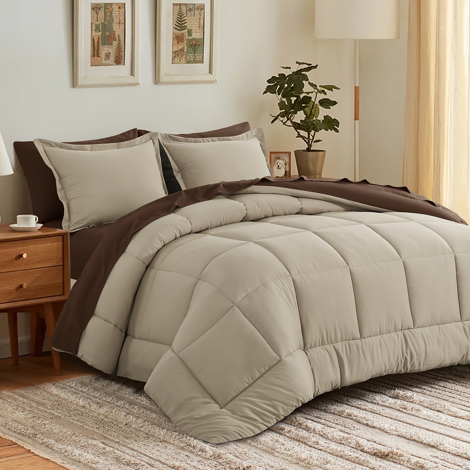 7pcs Reversible Bedding Set Soft Microfiber – Lightweight Breathable Comforter Flat Sheet Fitted Sheet & Pillowcases, All-Season Family Bedding Gift Set