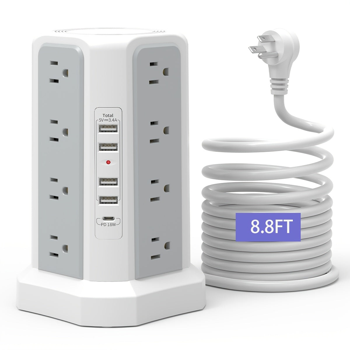 Tower Surge Protector Power Strip 17-in-1 – 8.8FT Extension Cord, 12 AC Outlets, 5 USB Ports with PD 18W USB-C, Surge Protection for Home Office Dorm & Business, Grey