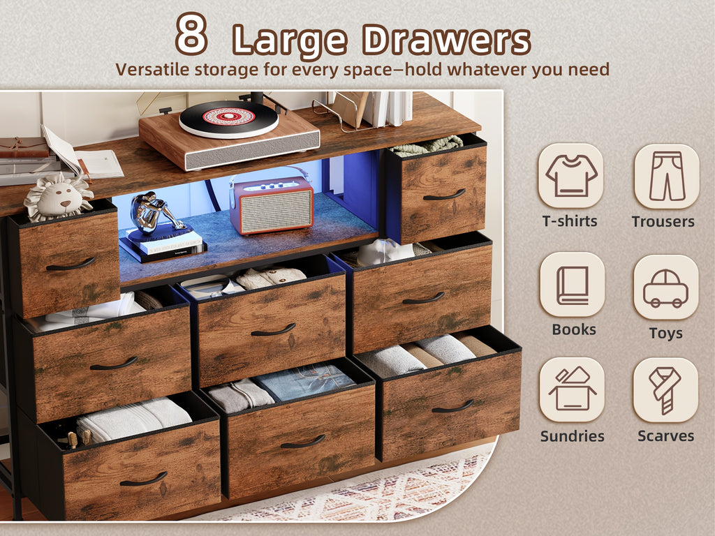 EUNOS Dresser with Power Outlet And LED Lights, 8 Drawer Fabric Dresser for Bedrrom, Chest Of Drawers with Metal Frame, TV Stand with Wood Top for 55inch