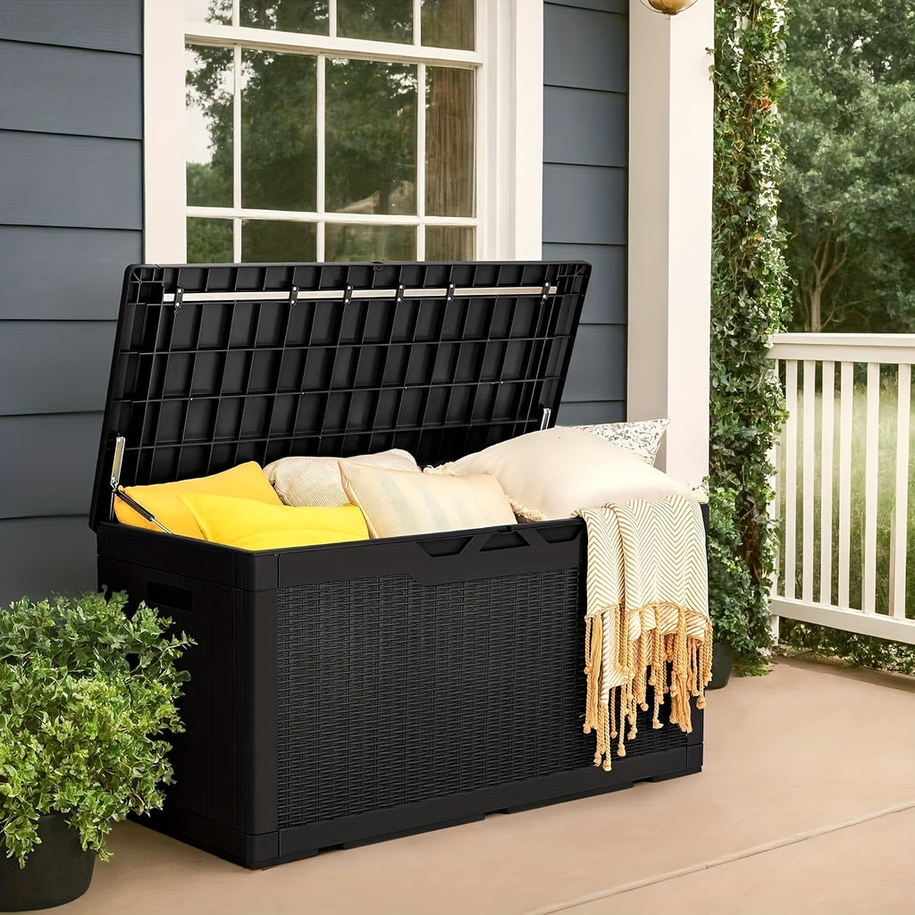 GUNJI 100 Gallon Deck Box with Cushion, Outdoor Resin Large Storage Box Lockable Waterproof & UV Resistant Outdoor Storage Bench for Patio Furniture, Garden Tools, Pool Supplies, Box,Cabinet,Rack for Outdoor Storage
